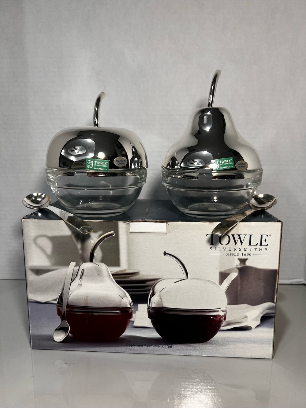 Towle Silverplate Apple & Pear Jam Jar Set - Silver & Clear - Picture 2 of 13